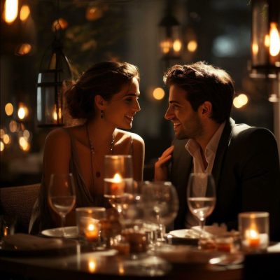Een elegant gekleed stel zit aan een romantisch verlichte tafel in een restaurant. Ze lachen en kijken elkaar liefdevol aan, omringd door kaarslicht en warme sfeerverlichting.